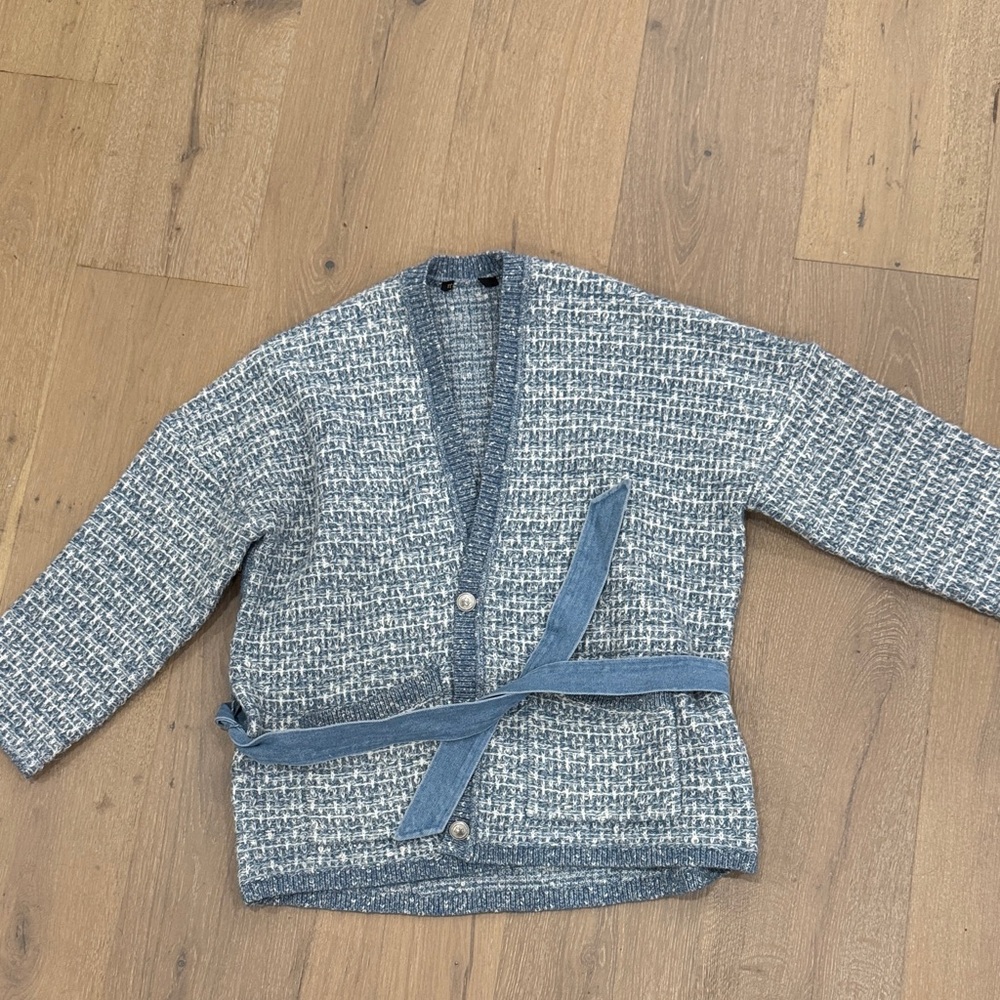 Blue and Gray Knit Cardigan with Belt